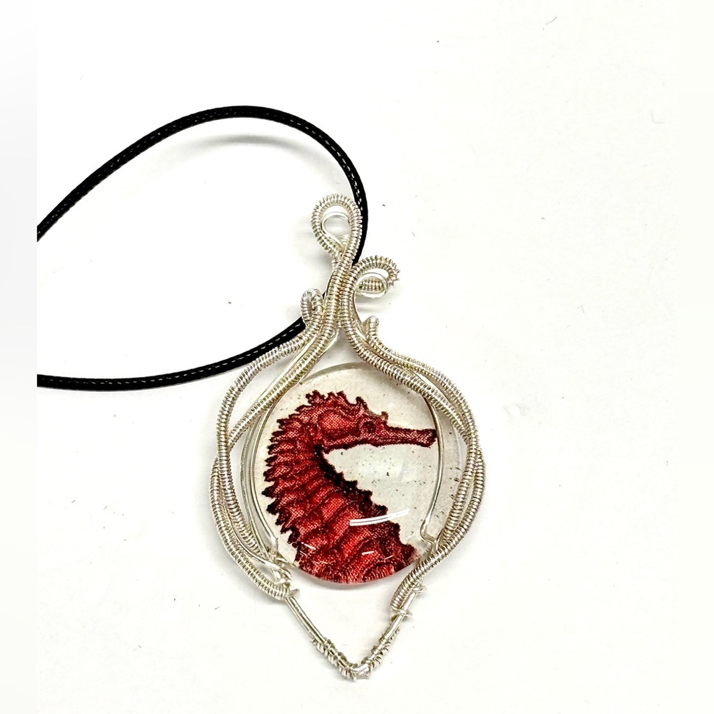 HANDMADE Seahorse Glass Resin Art Hand Wrapped Coastal Necklace, Artisan Jewelry
